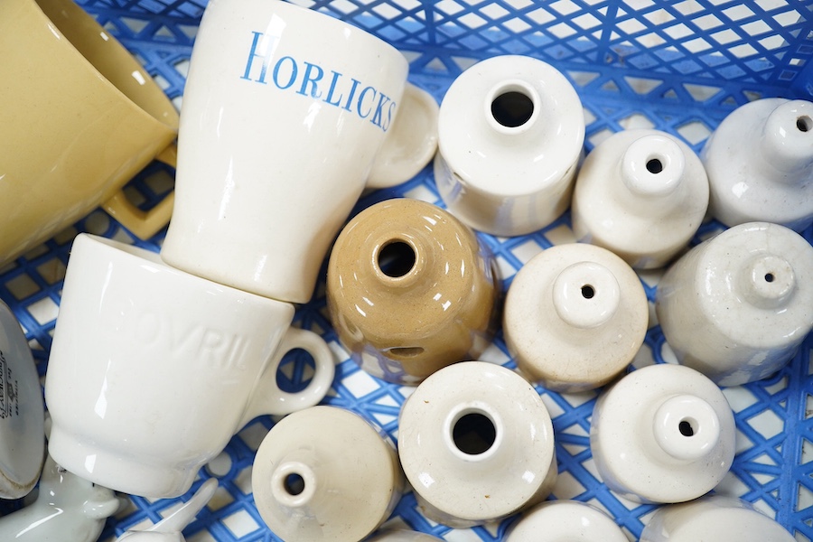 Sixteen pie funnels, and four mugs - Horlicks, Bournvita, and Salvation Army Mens mugs